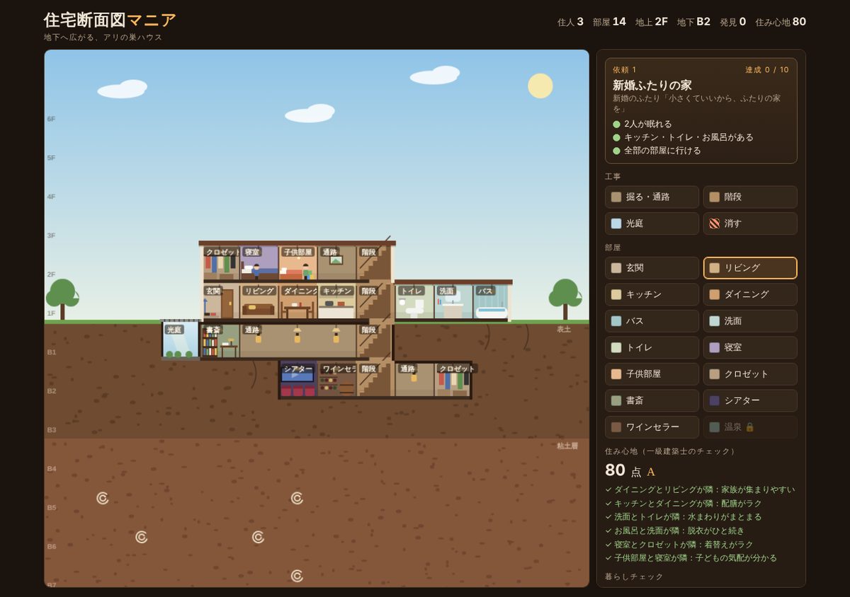 住宅断面図マニアのプレイ画面。地上2階・地下2階の家の断面図